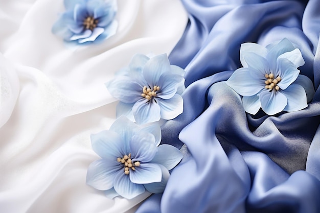 Mockup image close up blue flowers and silk on white fabric background Banner card invitation and br