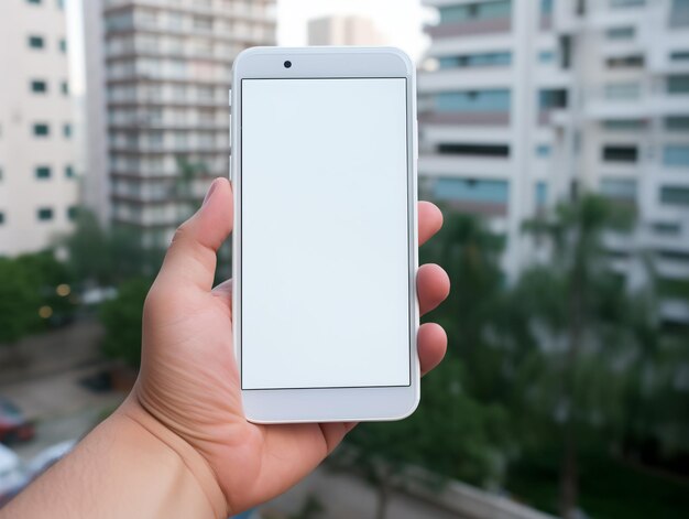 Mockup image of hand holding white mobile phone with blank white screen