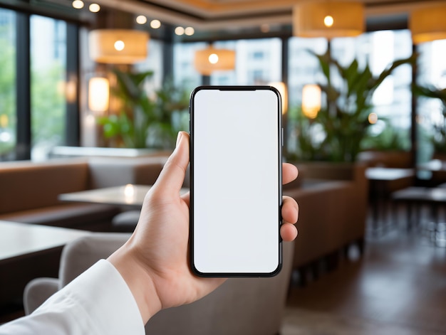 Мокет изображения руки, держащей белый мобильный телефон с пустым белым экраном