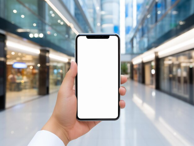 白いスクリーンで白い携帯電話を握っている手のモックアップ画像