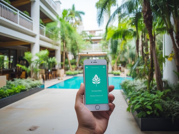 Mockup image of hand holding white mobile phone with blank white screen