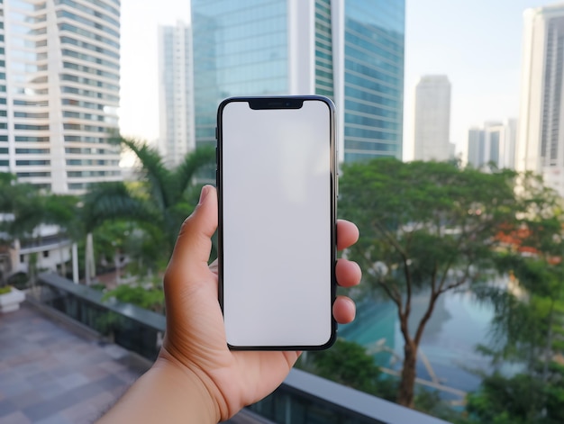 Mockup image of hand holding white mobile phone with blank white screen