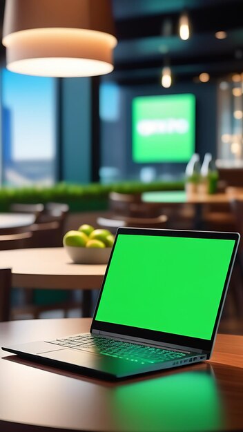 Mockup image of laptop with blank green screen on wooden table in coworking