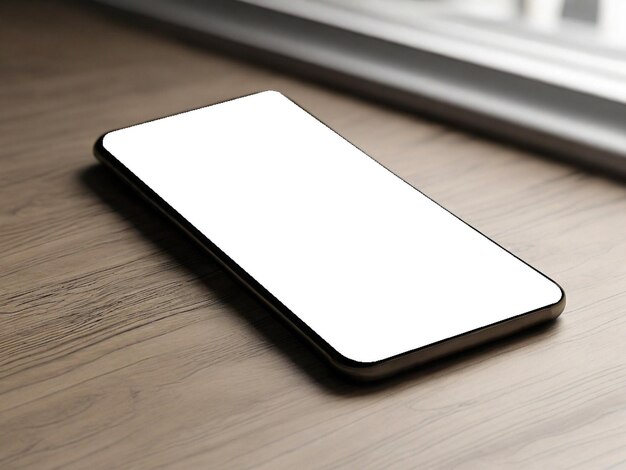 Фото Мокет смартфона с белым экраном на деревянном столе
