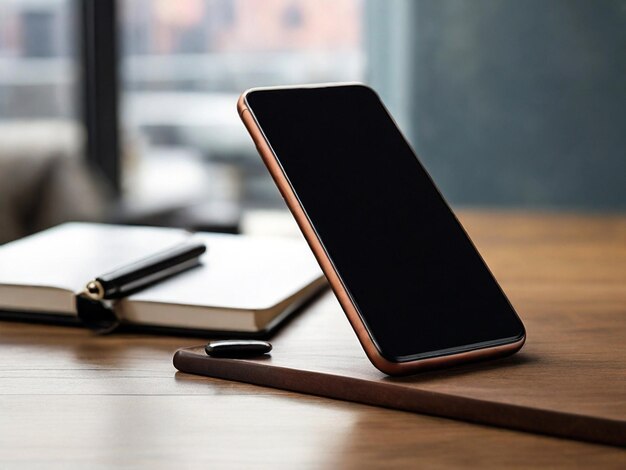 Фото Мокет смартфона с пустым белым экраном на деревянном столе