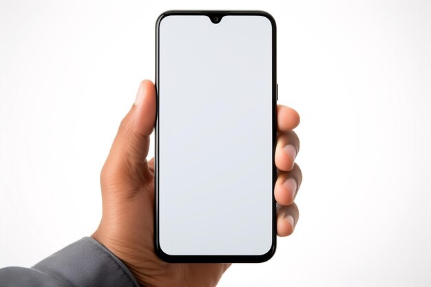 Mockup image of a person holding mobile phone with blank desktop screen