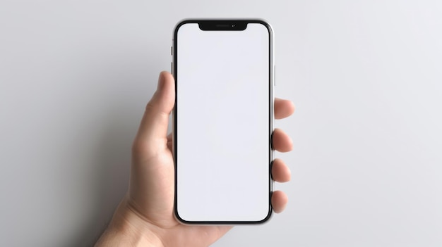 Mockup image of smartphone with white screen in hand on white background