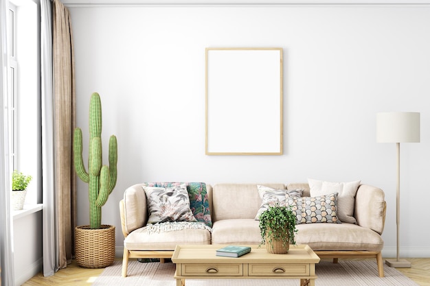 Mockup in de woonkamer met een cactus in een pot en een fotolijstje