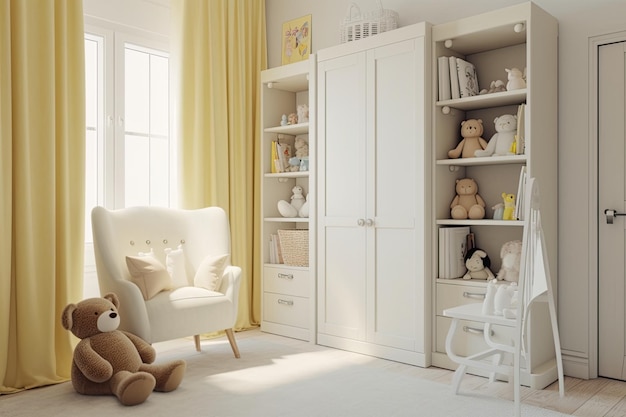 Mockup of the inside of a white childrens room
