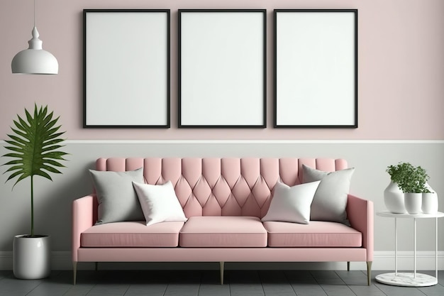 집 내부 모형 핑크 소파 3개의 빈 수직 나무 프레임 현대적인 인테리어 디자인을 위한 포스터 모형 비용 복사 공간 없음
