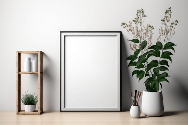 Mockup of an interior poster with a vertical wooden frame on a white background