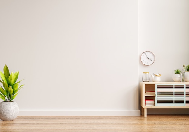 Photo mockup of an interior wall in a living area with a cabinet and an empty white wall background