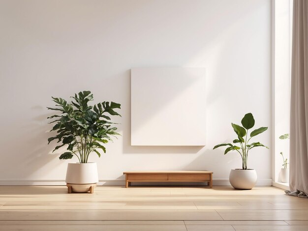 Mockup of an interior wall in a living area with a cabinet and an empty white wall background