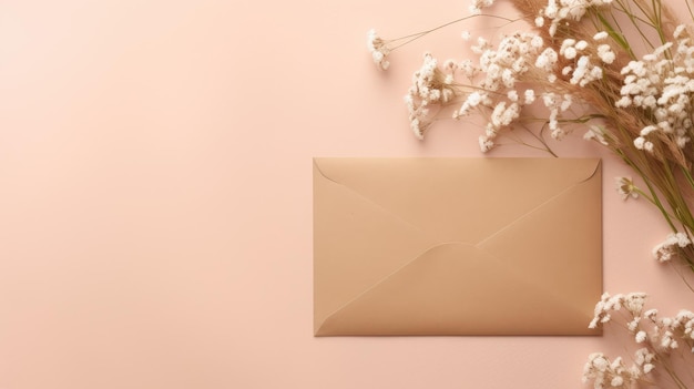 Mockup of an invitation or greeting card showcasing a craft paper envelope eucalyptus and gypsophila twigs The card features copy space and a beige background