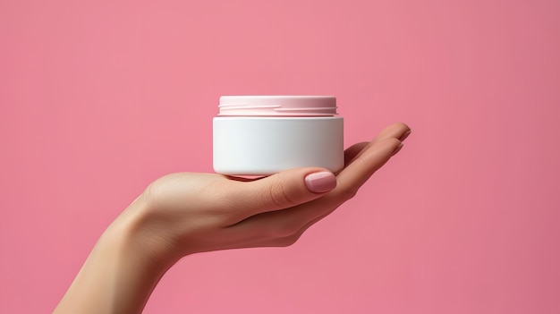 A mockup involving a cream jar with cosmetics on a hand on an outline of beige pink Generative AI