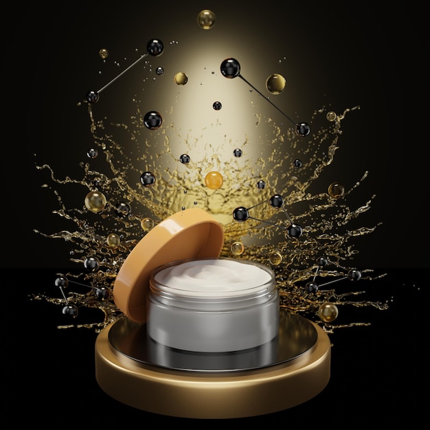 Mockup Jar of beauty facial cream for face on a wet gold background a organic product for facial skin care on podium 3d render