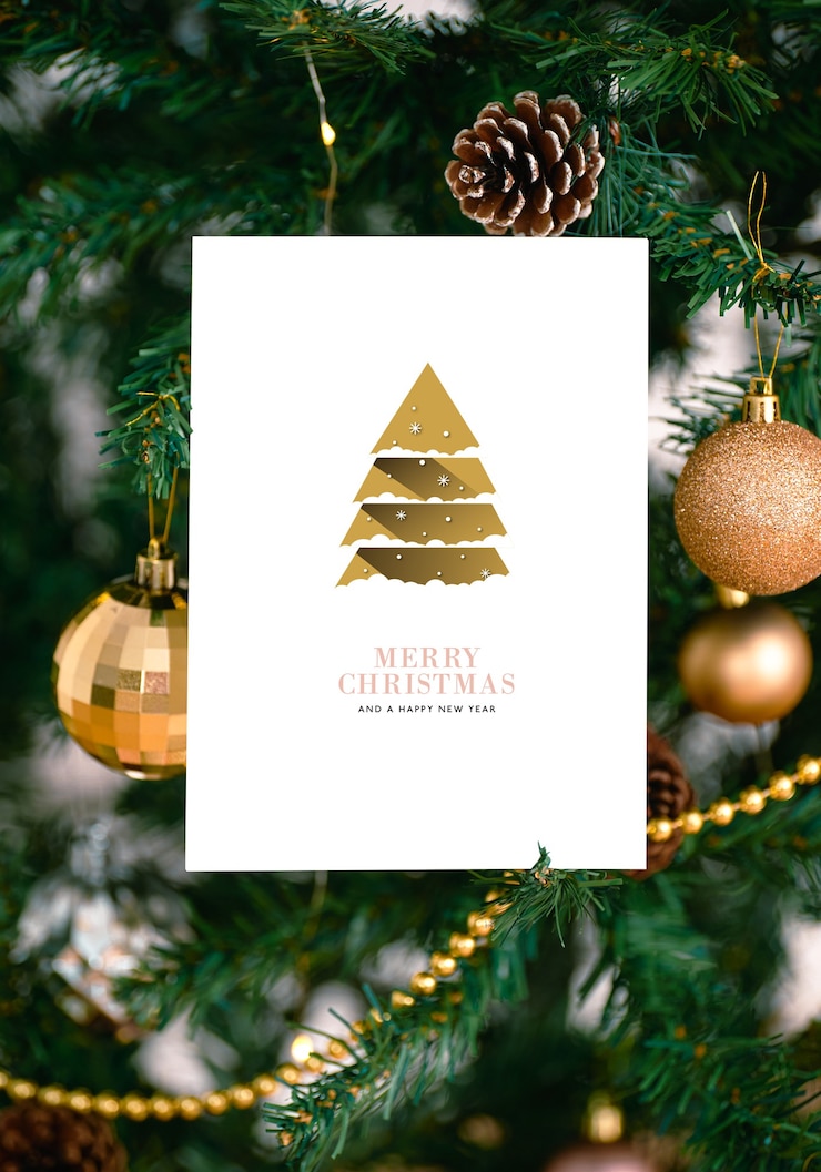 Foto mockup kerstgroetekaartje voor uitnodigingsontwerp op achtergrond van kerstboom