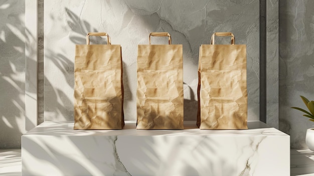 Mockup of Kraft paper bags and a blank paper container in 3D on a marble square column