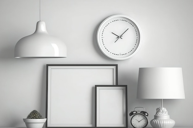 Mockup of a lamp and frames a white shelf with a beautiful clock an editable transparent image on a blank wall and an interior design concept with text space