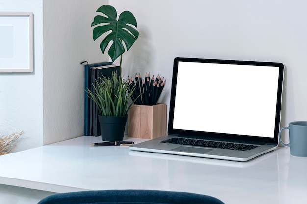 Mockup laptop computer with blank screen on the table in modern office room.