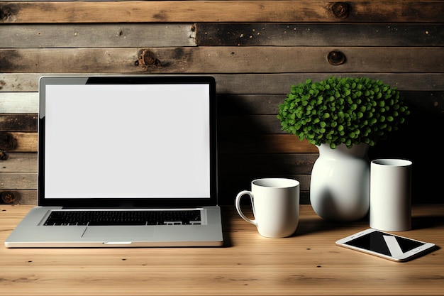 Mockup of a laptop on a desk with a coffee maker a pencil a picture frame and books along with a wooden wall