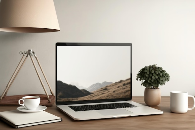 Mockup of a laptop front view with a blank screen a functional lamp and lovely scenery