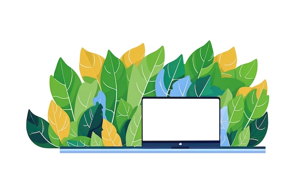 Mockup laptop in de natuur en bladeren Concept illustratie voor het werken freelancing studeren onderwijs illustratie in platte cartoon stijl kopieer ruimte