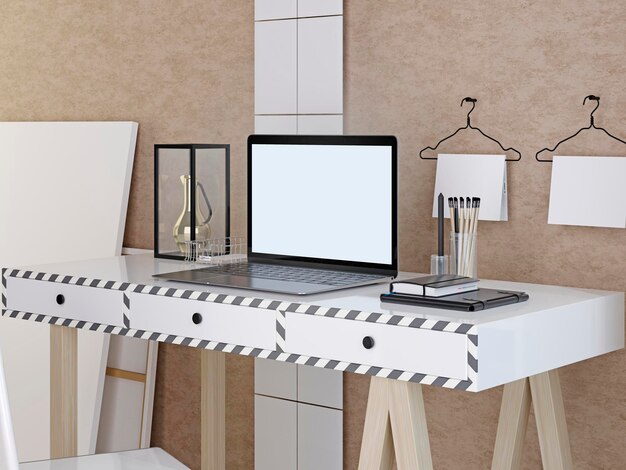 Mockup laptop screen on a white table on a beige background hipster style 3D render