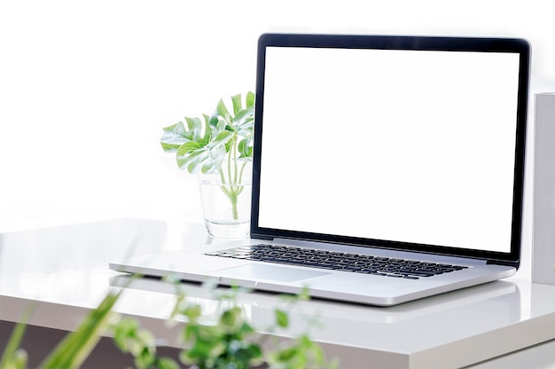 Mockup laptop with blank screen and houseplant on white top table 