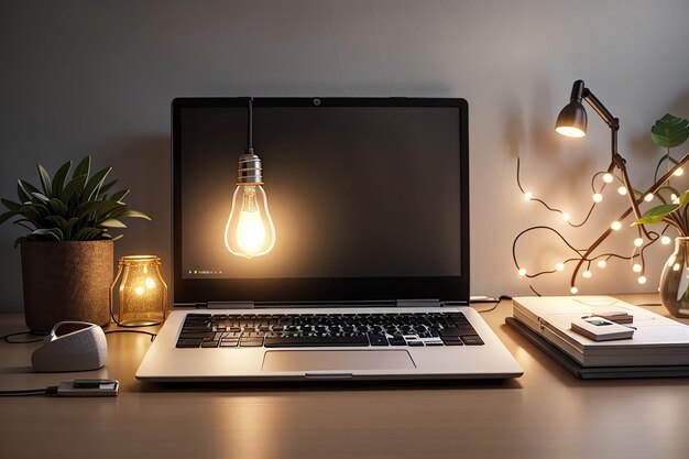 Mockup of laptop with blank screen and light bulb