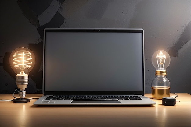 Mockup of laptop with blank screen and light bulb