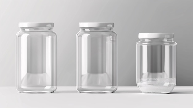 Photo a mockup of large clear glass and plastic containers for branding product packaging