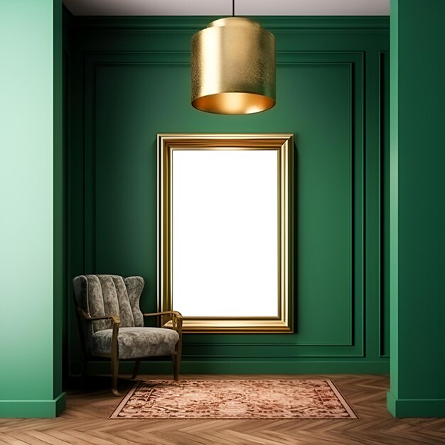 A mockup a large golden frame with an empty space hangs on the wall in green interior with vintage armchair