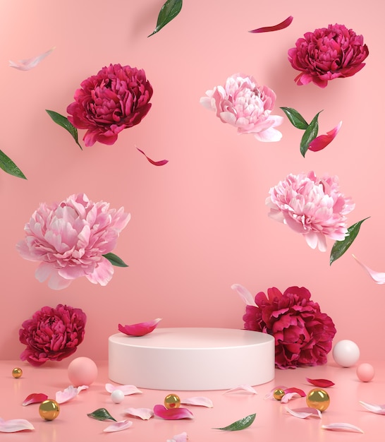Foto mockup leeg wit podium met bloemen pioenrozen bloem roze