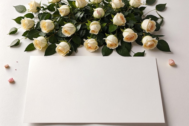 Foto mockup lege postkaart brief en boeket witte rozen op lichte achtergrond