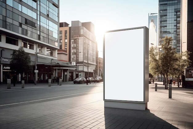 Mockup of a lightbox city light in a city among buildings and sky