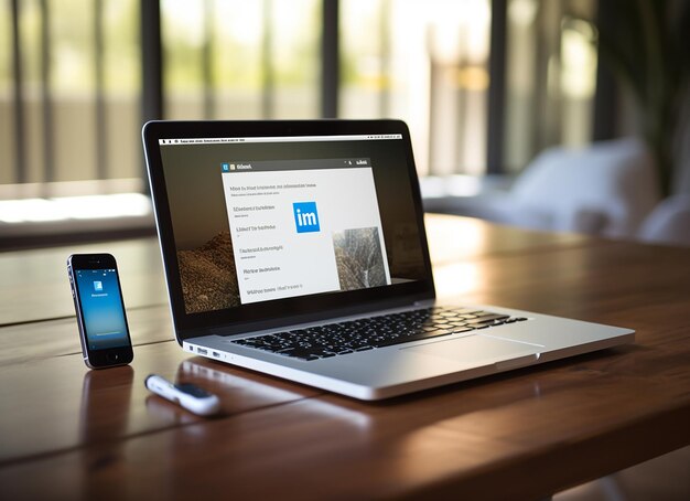 Foto mockup linkedin concept met een iphone en laptop op een houten d