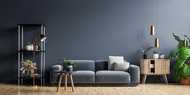 Mockup living room interior with sofa on empty dark blue wall background.3D rendering