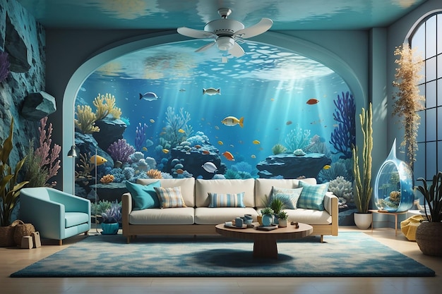 A mockup of a living room in an underwaterthemed home with aquatic decor