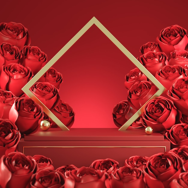꽃다발 장미와 골드 프레임 개념 추상적 인 배경 3d 렌더링 모형 럭셔리 발렌타인 레드 디스플레이