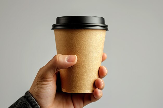Foto mockup di mano maschile che tiene una tazza di carta da caffè isolata su uno sfondo grigio chiaro eco cup su un bianco