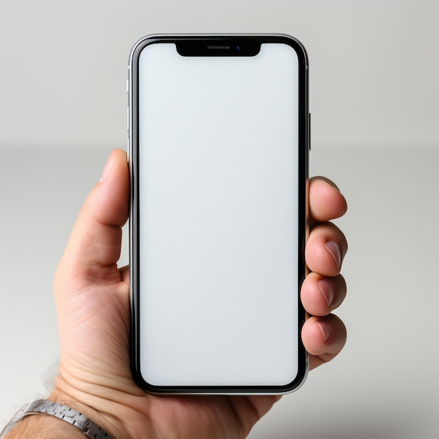 Mockup of Man's Hand with Blank Screen Smartphone on White