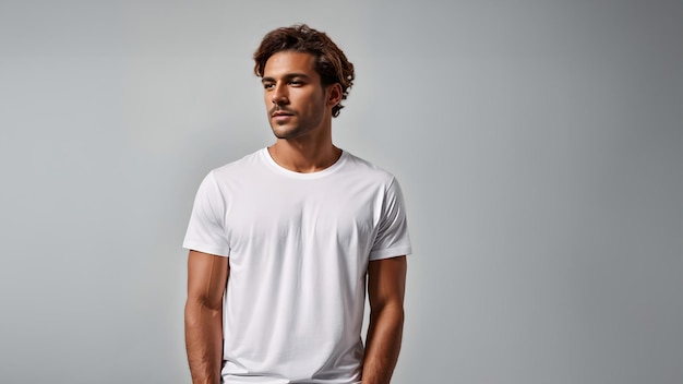 mockup of a man sporting a simple white tshirt against a minimalistic backdrop