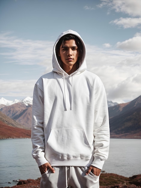 Mockup of a man wearing a basic white hoodie against a minimalist background