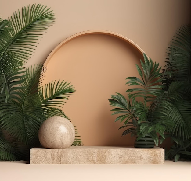 Mockup of a matte podium with a gold round decor a green stage with tropical leaves on the background Generative AI