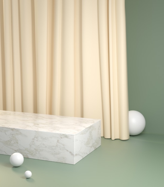 Mockup minimaal podium met crème gordijn op pastel groene achtergrond 3d render