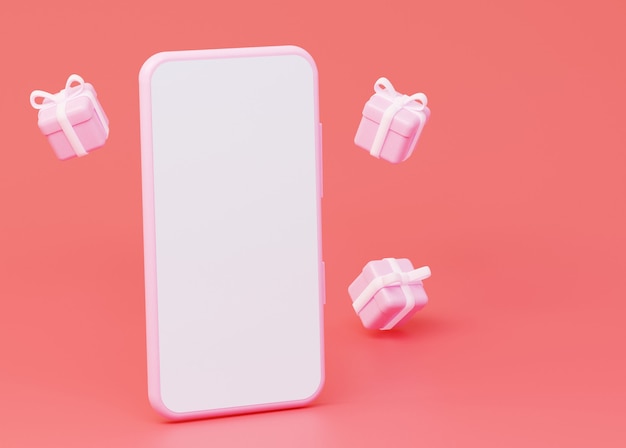 A mockup of a mobile phone with an empty white screen, and flying gifts. 3d rendering