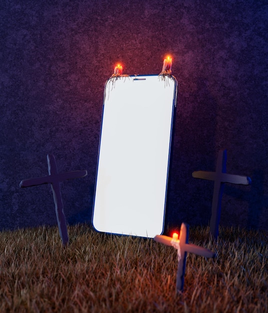 mockup of mobile phone with glowing screen on grass burning candles and crosses around 3d rendering