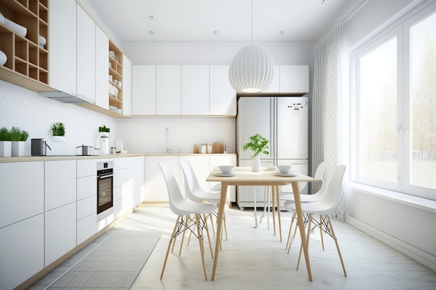 A mockup of a modern kitchen with simple lines bright with a large window Ai generated