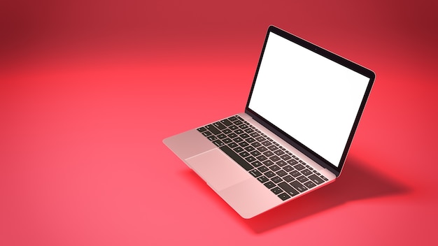 Mockup of Modern Laptop with Blank Screen on Red Background. 3D Render illustration for Your Design.